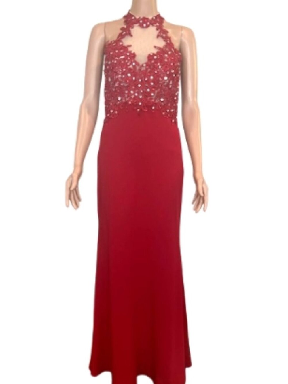 JJ’s House Dark Red Formal Gown – Size Small – Beaded Appliqué Bodice